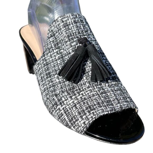 Karl Lagerfeld Paris Hettie7 Black Tweed Block Heel Open Toe Mules Size 9 - Picture 1 of 9